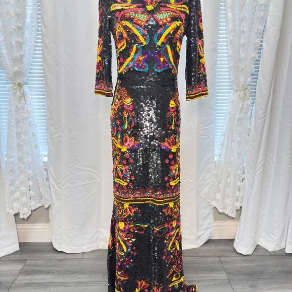 Alice and Olivia Beaded Sequin Embroidered Gown Dress Black Multicolor Size 8